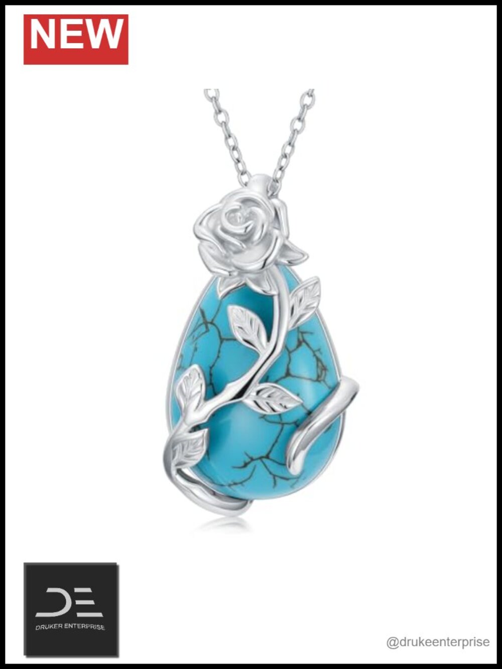 Genuine Turquoise Teardrop Pendant Necklace 925 Sterling Silver Rose Floral